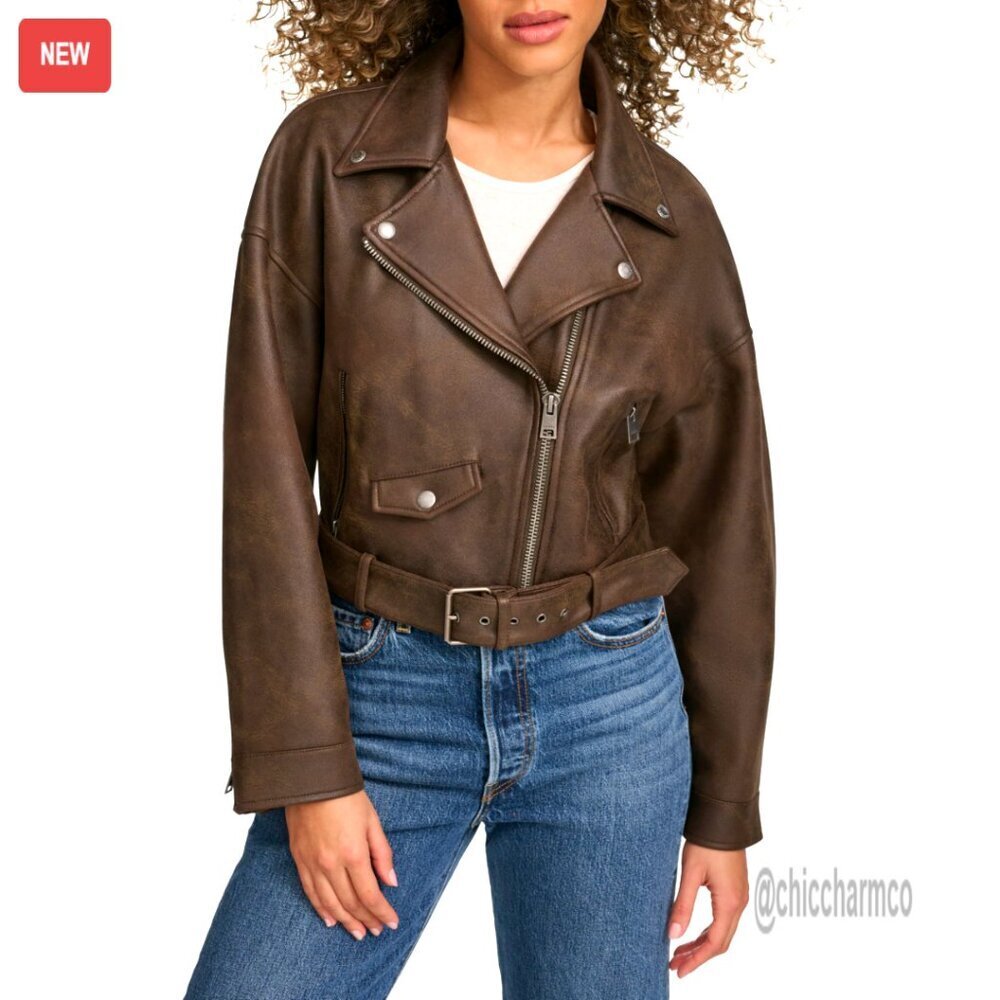 Faux Leather Cropped Moto Jacket, Relaxed Fit, Asymmetrical Zipper